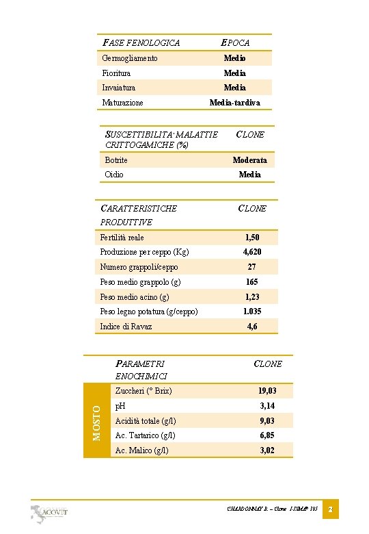 FASE FENOLOGICA EPOCA Germogliamento Medio Fioritura Media Invaiatura Media Maturazione Media-tardiva SUSCETTIBILITA’ MALATTIE CLONE