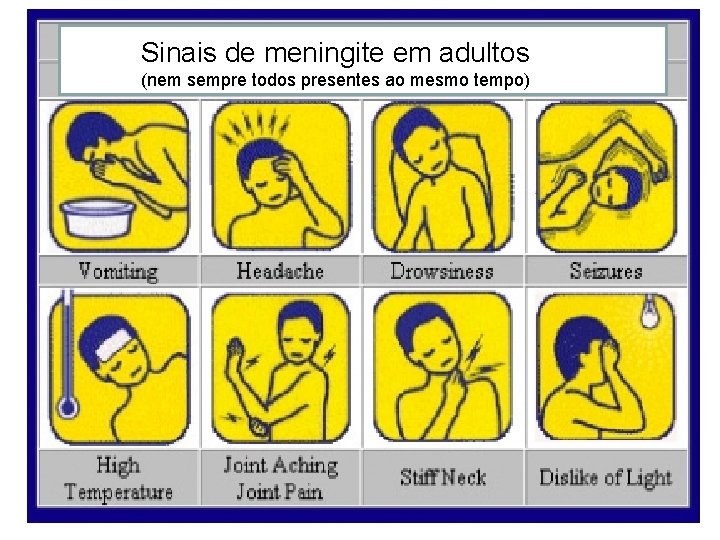 Sinais de meningite Sinais em adultos (nem sempre todos presentes ao mesmo tempo) 