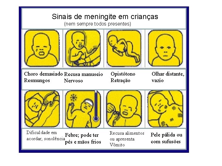 Sinais de meningite Sinais em crianças (nem sempre todos presentes) Choro demasiado Recusa manuseio