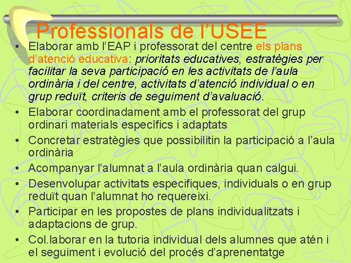 Professionals de l’USEE • Elaborar amb l’EAP i professorat del centre els plans d’atenció