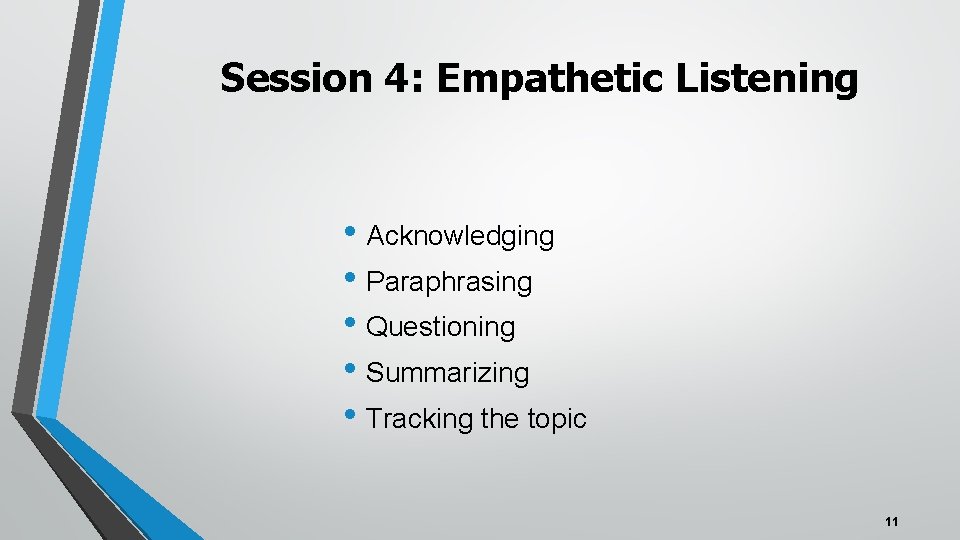 Session 4: Empathetic Listening • Acknowledging • Paraphrasing • Questioning • Summarizing • Tracking