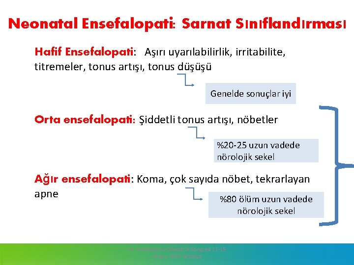 Neonatal Ensefalopati: Sarnat Sınıflandırması Hafif Ensefalopati: Aşırı uyarılabilirlik, irritabilite, titremeler, tonus artışı, tonus düşüşü