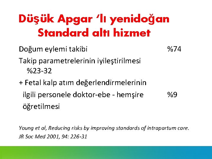 Düşük Apgar ‘lı yenidoğan Standard altı hizmet Doğum eylemi takibi Takip parametrelerinin iyileştirilmesi %23