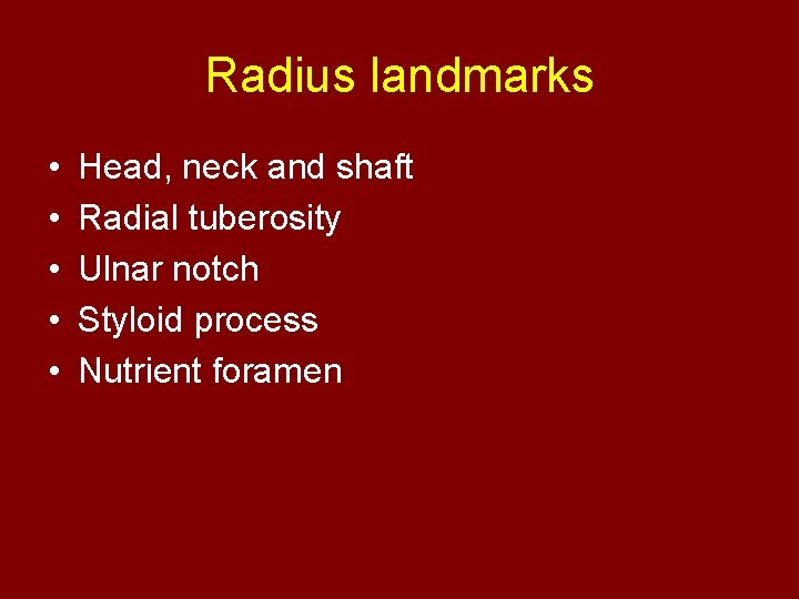 Radius landmarks • • • Head, neck and shaft Radial tuberosity Ulnar notch Styloid