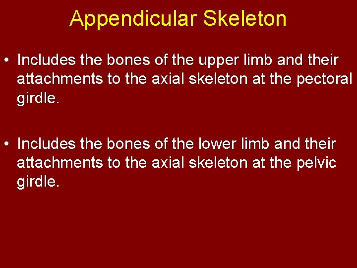 Appendicular Skeleton • Includes the bones of the upper limb and their attachments to