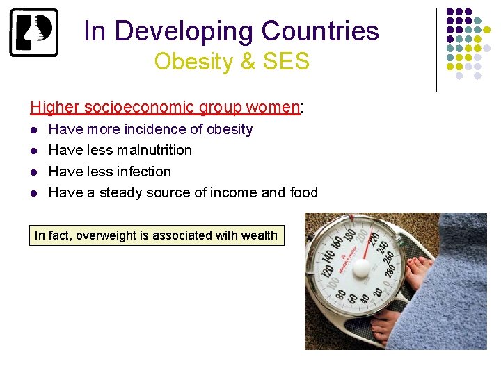 In Developing Countries Obesity & SES Higher socioeconomic group women: l l Have more
