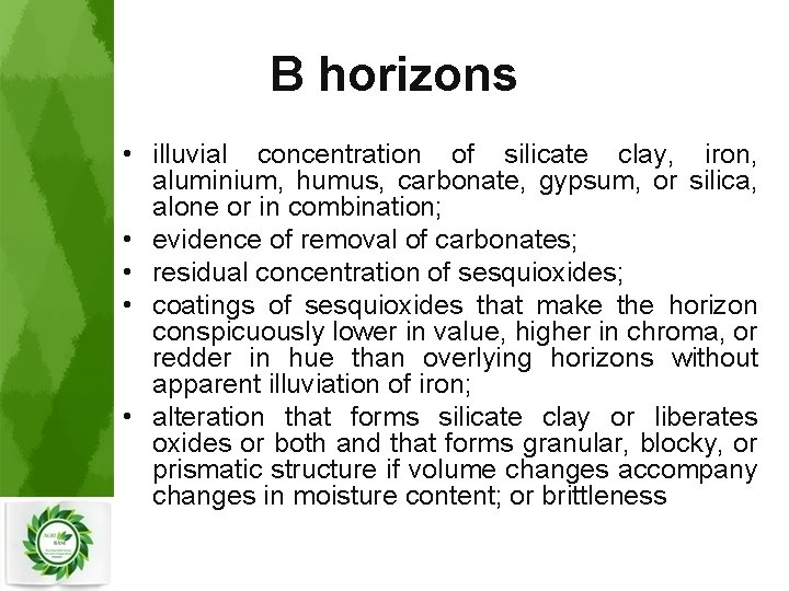 B horizons • illuvial concentration of silicate clay, iron, aluminium, humus, carbonate, gypsum, or