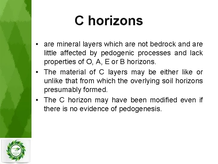 C horizons • are mineral layers which are not bedrock and are little affected