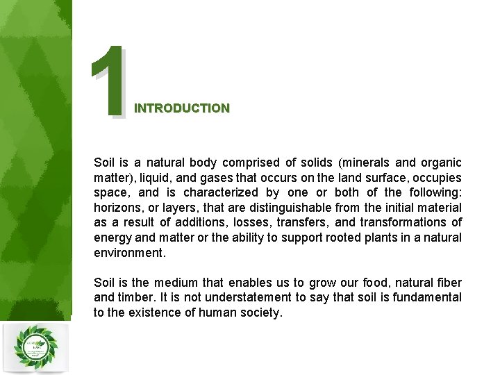 1 INTRODUCTION Soil is a natural body comprised of solids (minerals and organic matter),