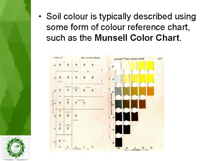  • Soil colour is typically described using some form of colour reference chart,