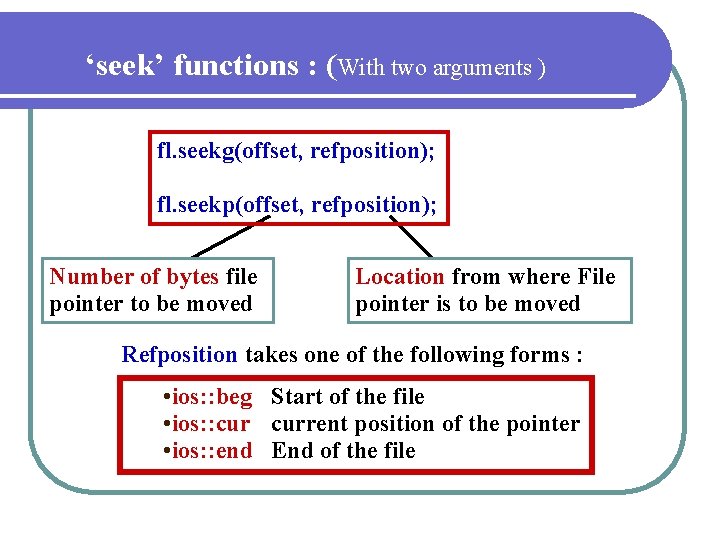 ‘seek’ functions : (With two arguments ) fl. seekg(offset, refposition); fl. seekp(offset, refposition); Number ‘seek’ functions : (With two arguments ) fl. seekg(offset, refposition); fl. seekp(offset, refposition); Number