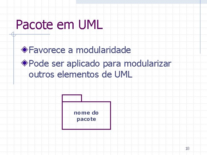 Pacote em UML Favorece a modularidade Pode ser aplicado para modularizar outros elementos de
