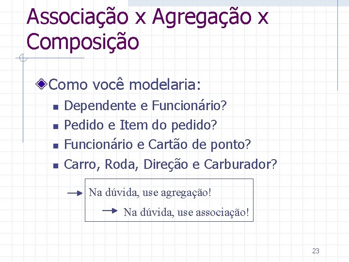 Associação x Agregação x Composição Como você modelaria: n n Dependente e Funcionário? Pedido