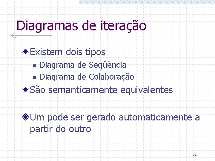 Diagramas de iteração Existem dois tipos n n Diagrama de Seqüência Diagrama de Colaboração