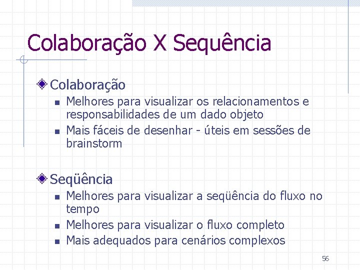 Colaboração X Sequência Colaboração n n Melhores para visualizar os relacionamentos e responsabilidades de