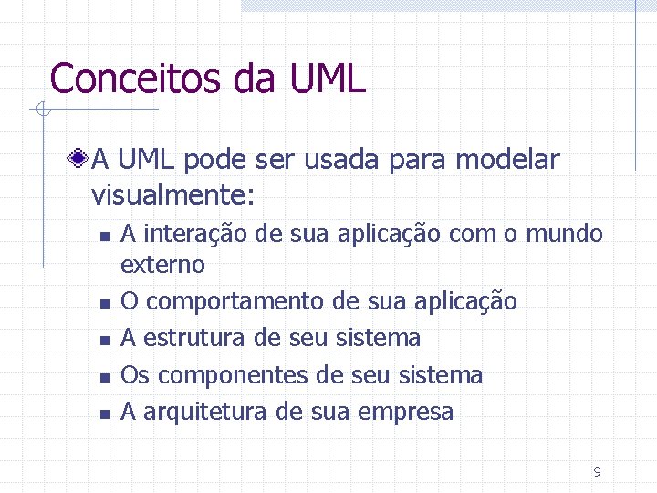 Conceitos da UML A UML pode ser usada para modelar visualmente: n n n