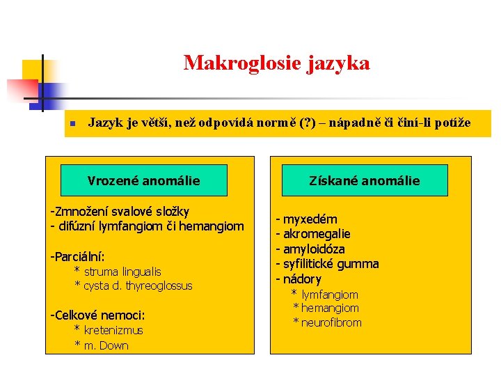 Makroglosie jazyka n Jazyk je větší, než odpovídá normě (? ) – nápadně či