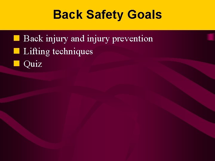 Back Safety Goals n Back injury and injury prevention n Lifting techniques n Quiz