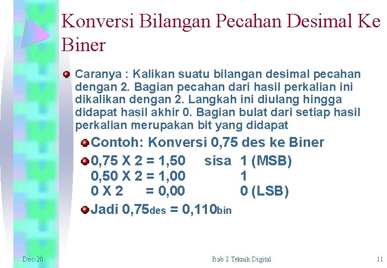 Konversi Bilangan Pecahan Desimal Ke Biner Caranya : Kalikan suatu bilangan desimal pecahan dengan