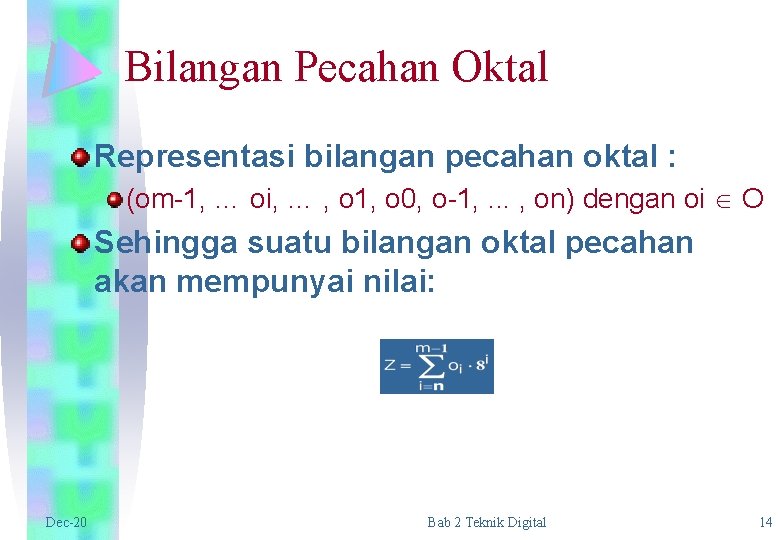 Bilangan Pecahan Oktal Representasi bilangan pecahan oktal : (om-1, … oi, … , o