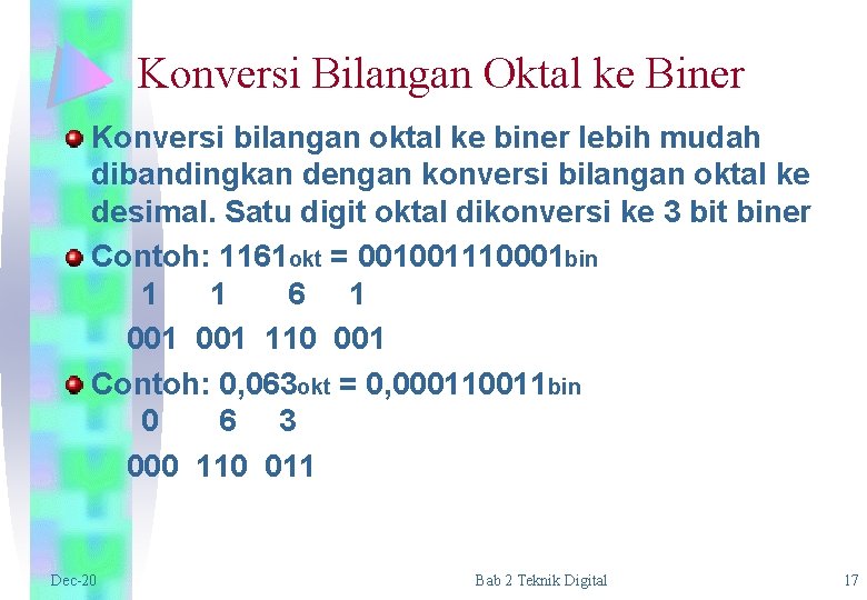 Konversi Bilangan Oktal ke Biner Konversi bilangan oktal ke biner lebih mudah dibandingkan dengan