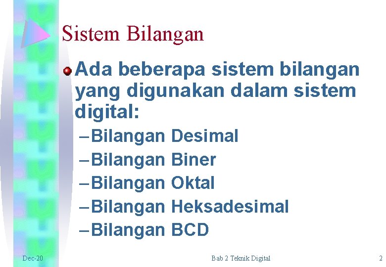 Sistem Bilangan Ada beberapa sistem bilangan yang digunakan dalam sistem digital: – Bilangan Desimal