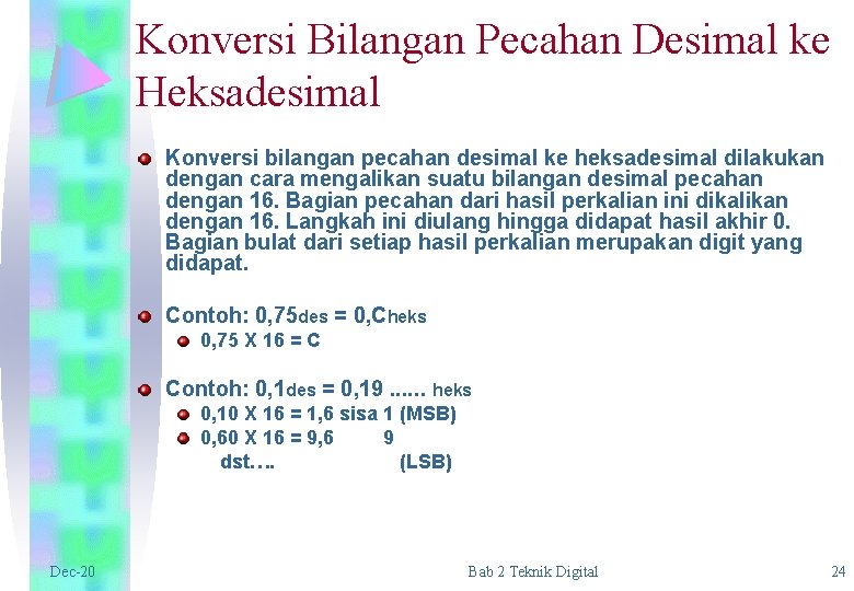 Konversi Bilangan Pecahan Desimal ke Heksadesimal Konversi bilangan pecahan desimal ke heksadesimal dilakukan dengan