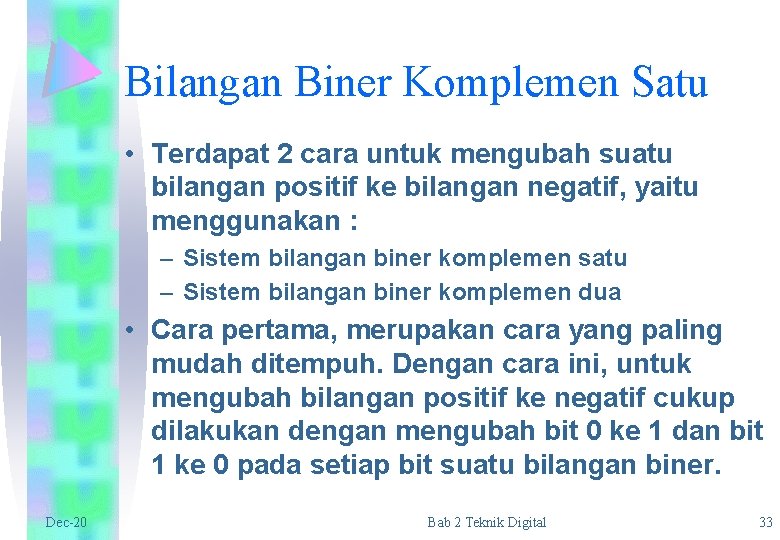 Bilangan Biner Komplemen Satu • Terdapat 2 cara untuk mengubah suatu bilangan positif ke