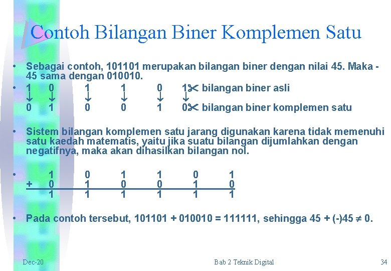 Contoh Bilangan Biner Komplemen Satu • Sebagai contoh, 101101 merupakan bilangan biner dengan nilai