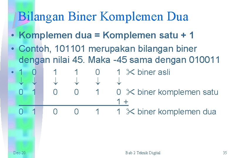 Bilangan Biner Komplemen Dua • Komplemen dua = Komplemen satu + 1 • Contoh,