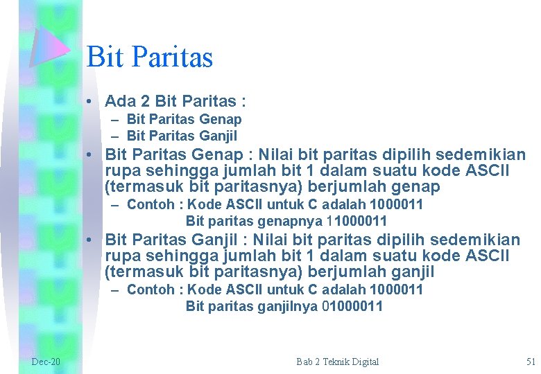 Bit Paritas • Ada 2 Bit Paritas : – Bit Paritas Genap – Bit