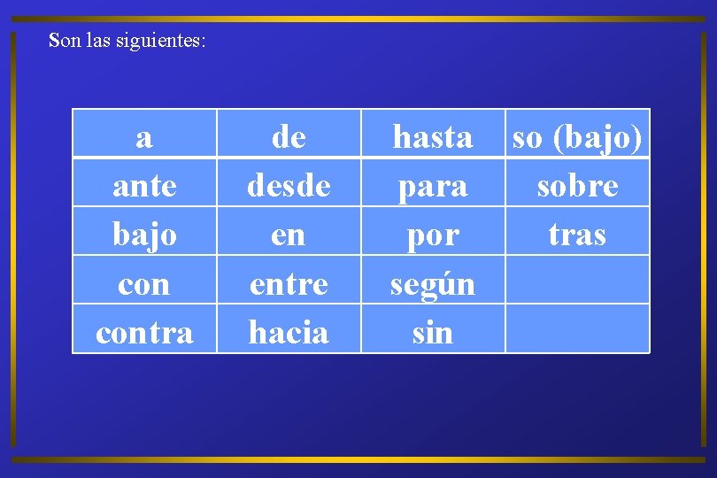 Son las siguientes: a ante bajo contra de desde en entre hacia hasta so