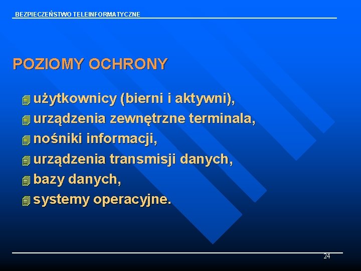 BEZPIECZEŃSTWO TELEINFORMATYCZNE POZIOMY OCHRONY 4 użytkownicy (bierni i aktywni), 4 urządzenia zewnętrzne terminala, 4