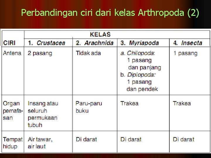 Perbandingan ciri dari kelas Arthropoda (2) 