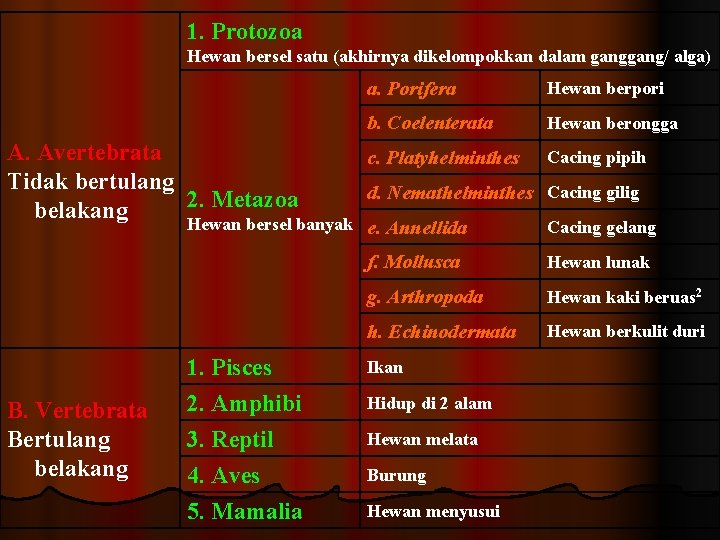 1. Protozoa Hewan bersel satu (akhirnya dikelompokkan dalam gang/ alga) A. Avertebrata Tidak bertulang