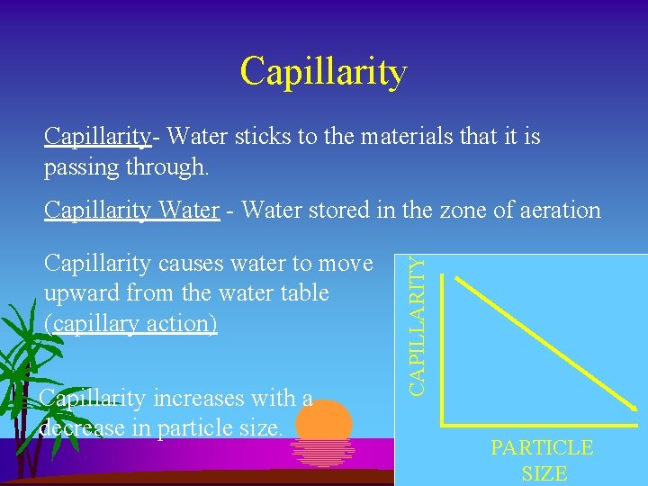 Capillarity- Water sticks to the materials that it is passing through. Capillarity causes water