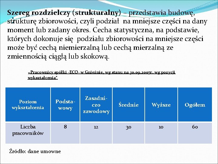 Szereg rozdzielczy (strukturalny) – przedstawia budowę, strukturę zbiorowości, czyli podział na mniejsze części na