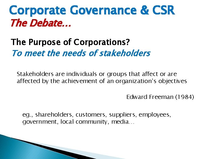 Corporate Governance & CSR The Debate… The Purpose of Corporations? To meet the needs