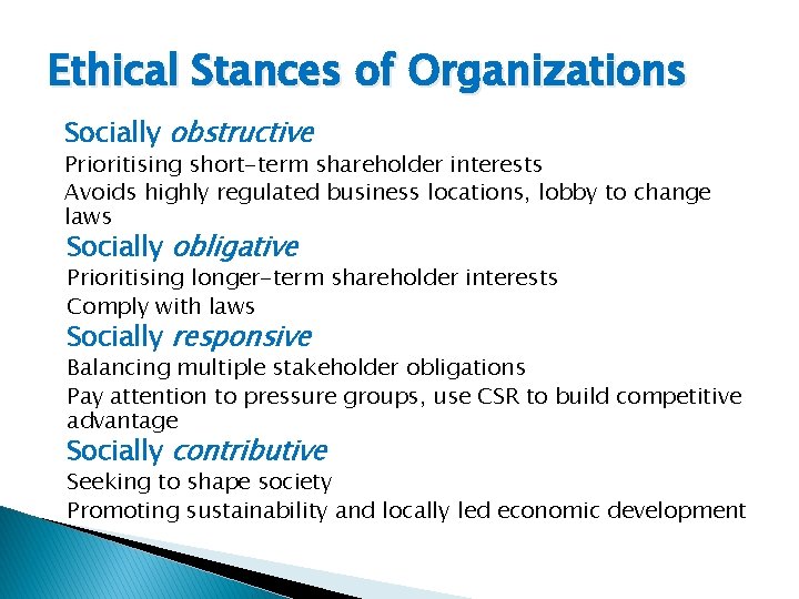 Ethical Stances of Organizations Socially obstructive Prioritising short-term shareholder interests Avoids highly regulated business