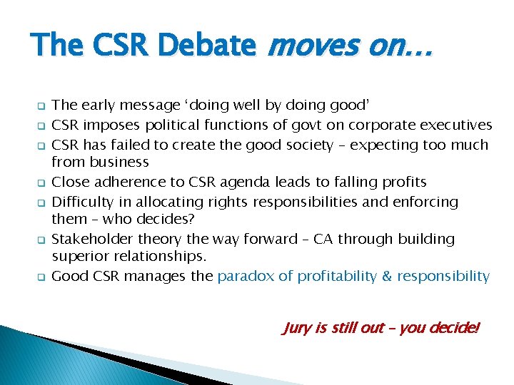 The CSR Debate moves on… q q q q The early message ‘doing well