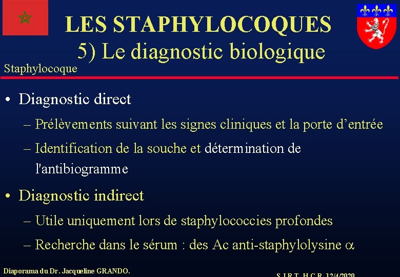 LES STAPHYLOCOQUES 5) Le diagnostic biologique Staphylocoque • Diagnostic direct – Prélèvements suivant les