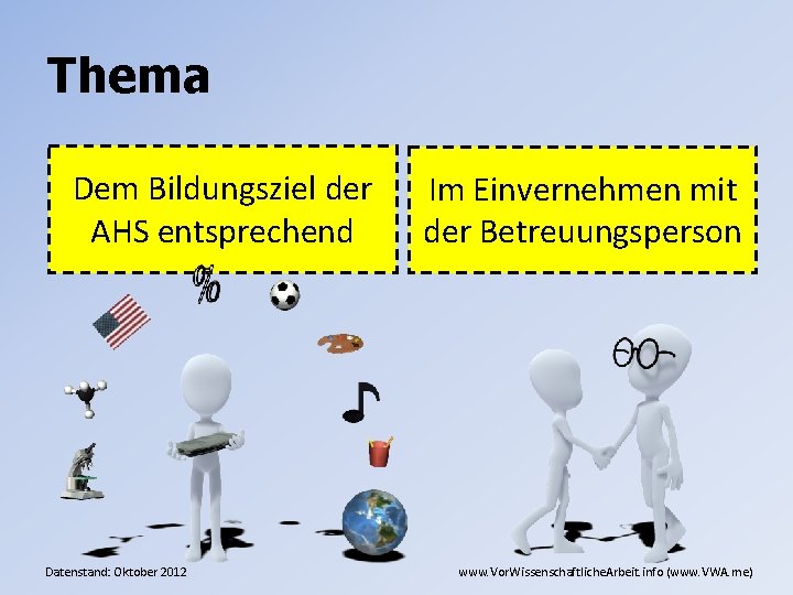 Thema Dem Bildungsziel der AHS entsprechend Datenstand: Oktober 2012 Im Einvernehmen mit der Betreuungsperson