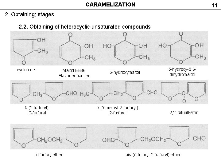 CARAMELIZATION 11 2. Obtaining; stages 2. 2. Obtaining of heterocyclic unsaturated compounds cyclotene Maltol