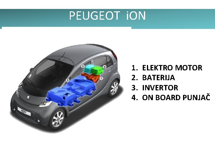 PEUGEOT i. ON 1. 2. 3. 4. ELEKTRO MOTOR BATERIJA INVERTOR ON BOARD PUNJAČ