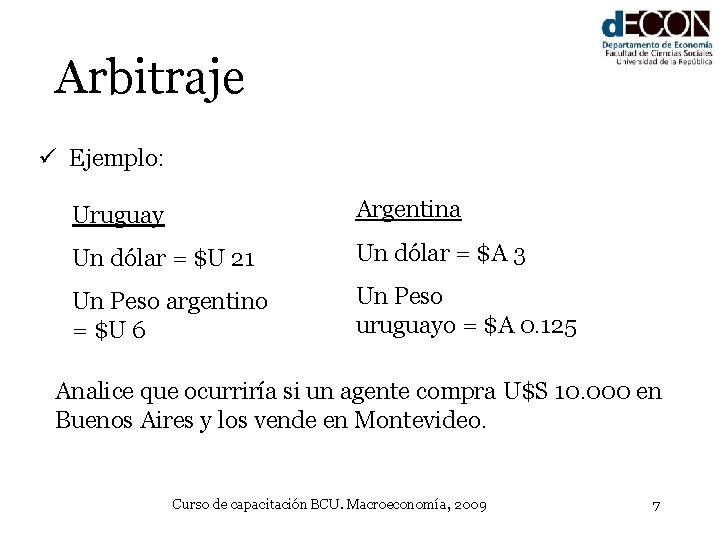 Arbitraje ü Ejemplo: Uruguay Argentina Un dólar = $U 21 Un dólar = $A