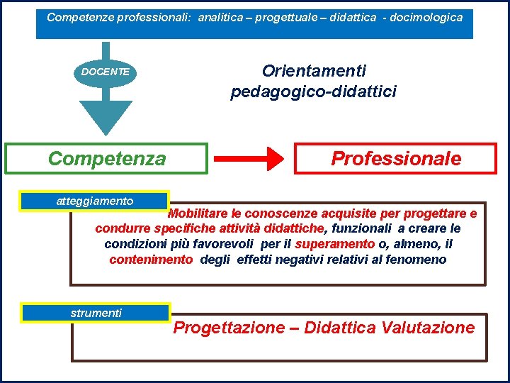 Competenze professionali: analitica – progettuale – didattica - docimologica DOCENTE Competenza Orientamenti pedagogico-didattici Professionale