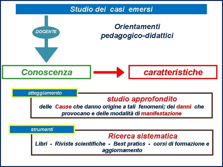 Studio dei casi emersi DOCENTE Conoscenza atteggiamento Orientamenti pedagogico-didattici caratteristiche studio approfondito delle Cause