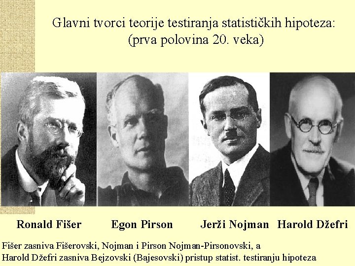 Glavni tvorci teorije testiranja statističkih hipoteza: (prva polovina 20. veka) Ronald Fišer Egon Pirson