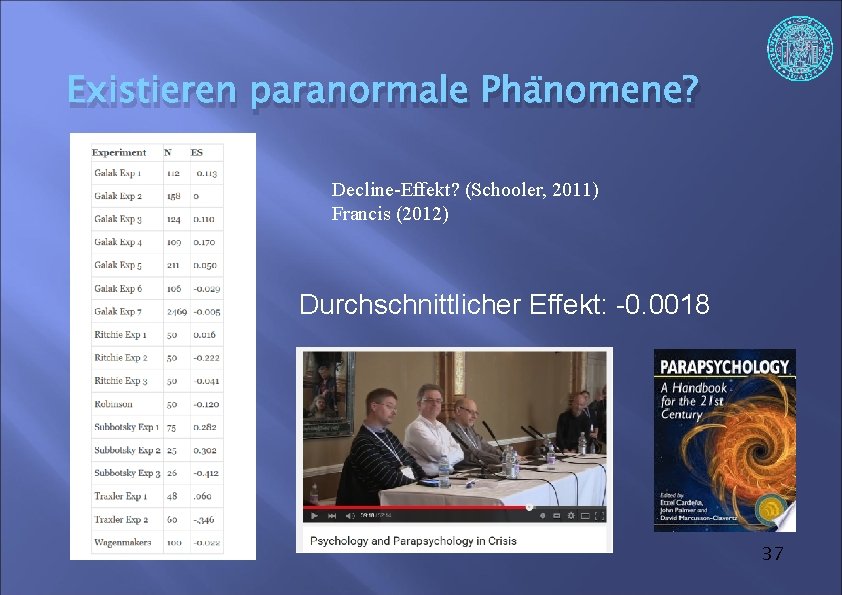 Existieren paranormale Phänomene? Decline-Effekt? (Schooler, 2011) Francis (2012) Durchschnittlicher Effekt: -0. 0018 37 