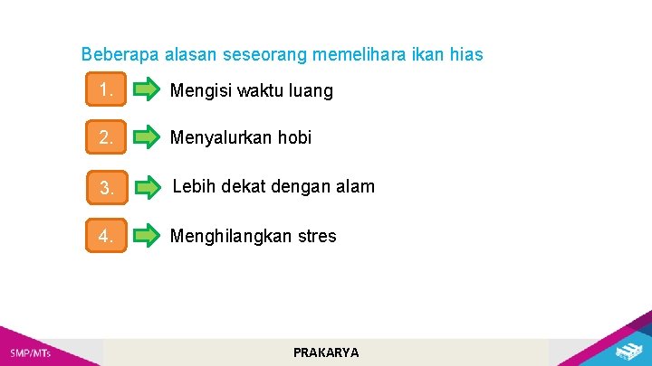Beberapa alasan seseorang memelihara ikan hias 1. Mengisi waktu luang 2. Menyalurkan hobi 3.